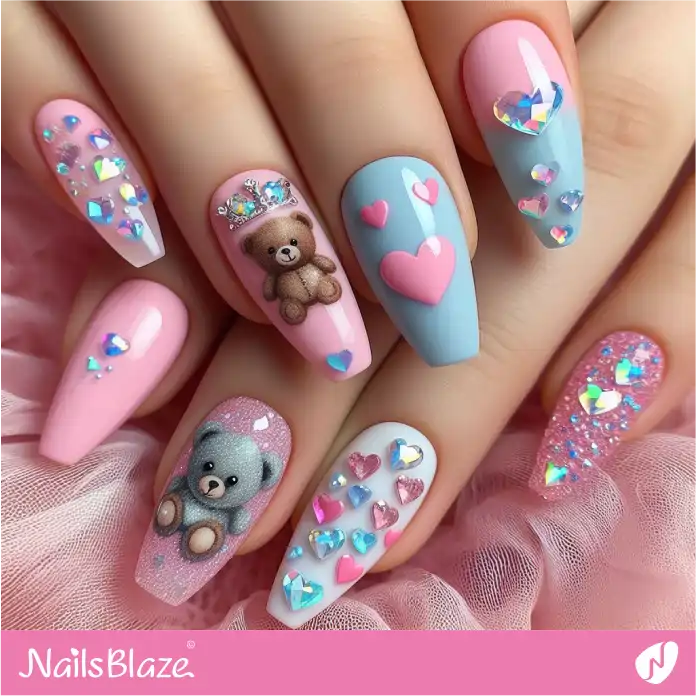 Teddy Bear Pastel Nails with Crystal Design | Valentine Nails - NB2408